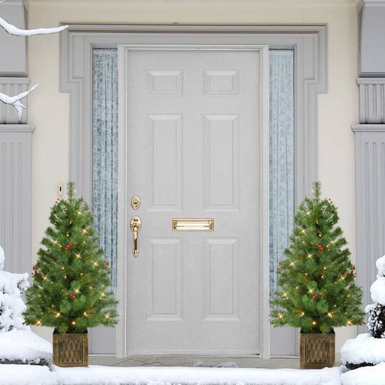 3.5ft. Pre-Lit Battery-Operated Potted Adorned Artificial Christmas Trees, Warm White LED Lights, 2ct.